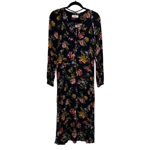 Natural Life Long Sleeve Tie Neck Midi Dress Size L Black‎ Floral Boho Peasant